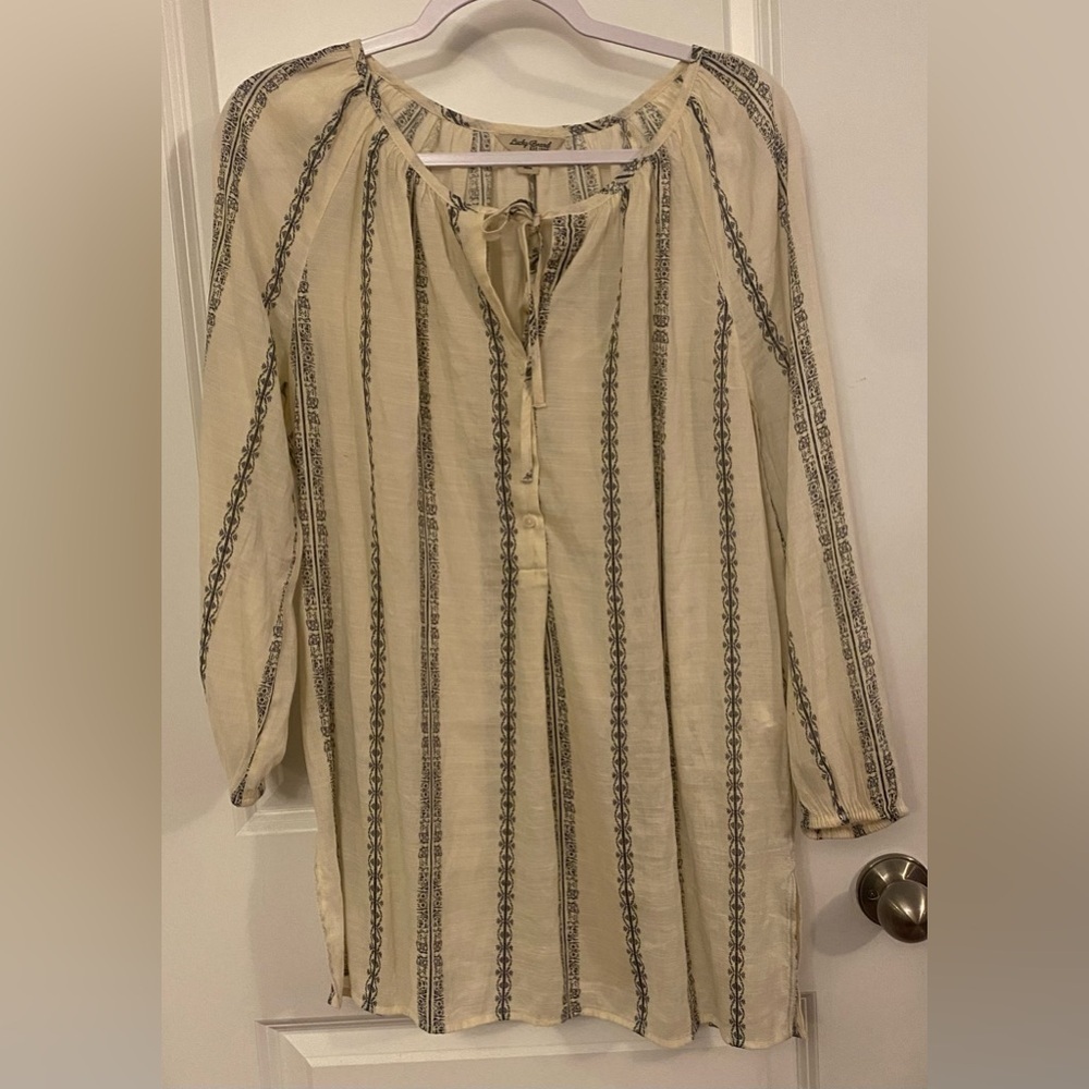 Lucky Brand Long Sleeve Blouse Tunic Sz S Beige Gray Design Button/Tie Neck